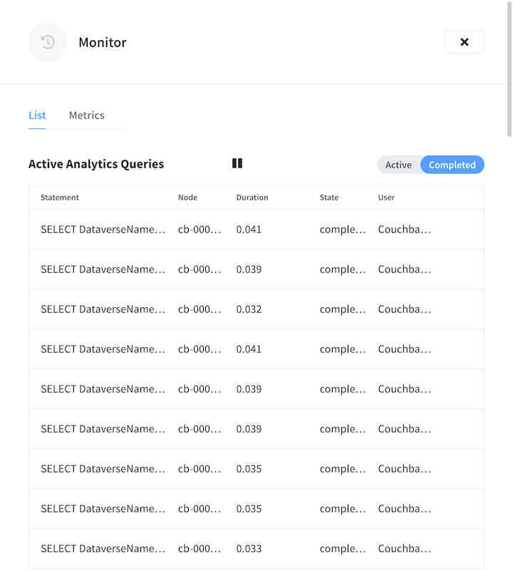 The Completed Analytics Queries list in the Monitor flyout.