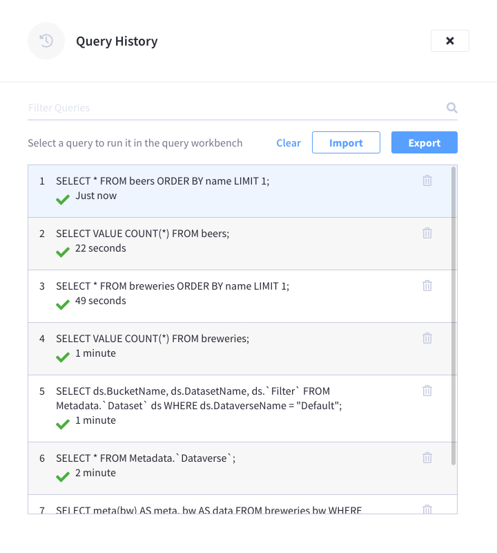 The 'Query History' flyout menu for the Analytics Query Workbench.