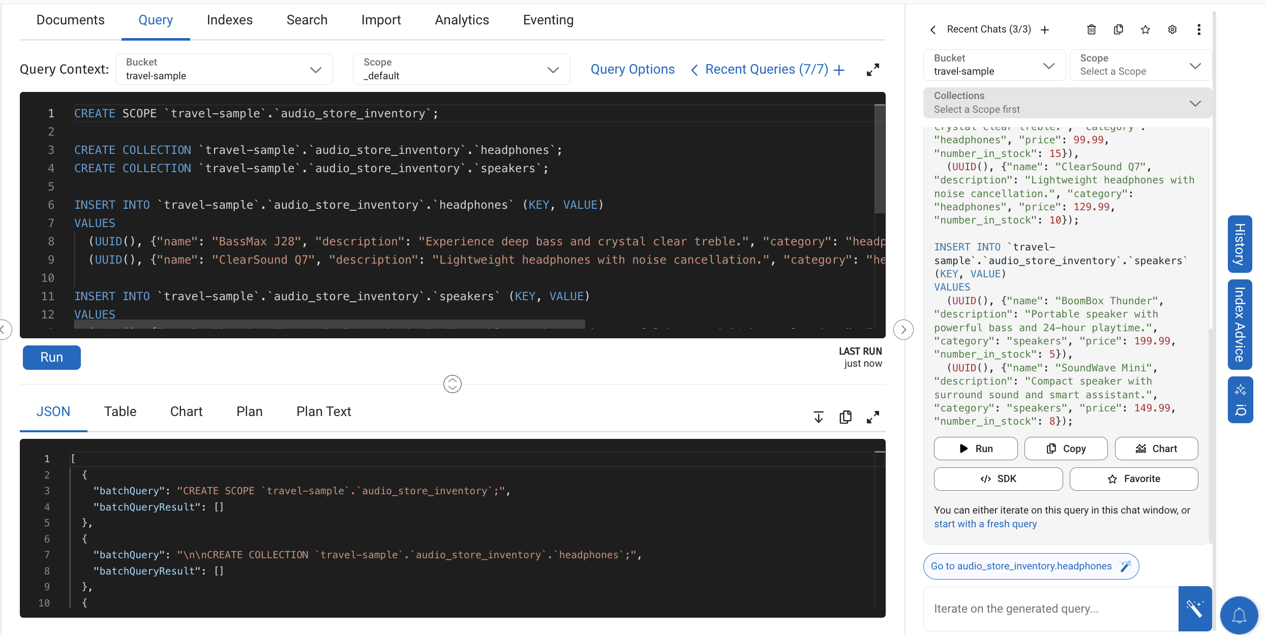 The results of a query generated in Capella iQ that create a new scope and collection