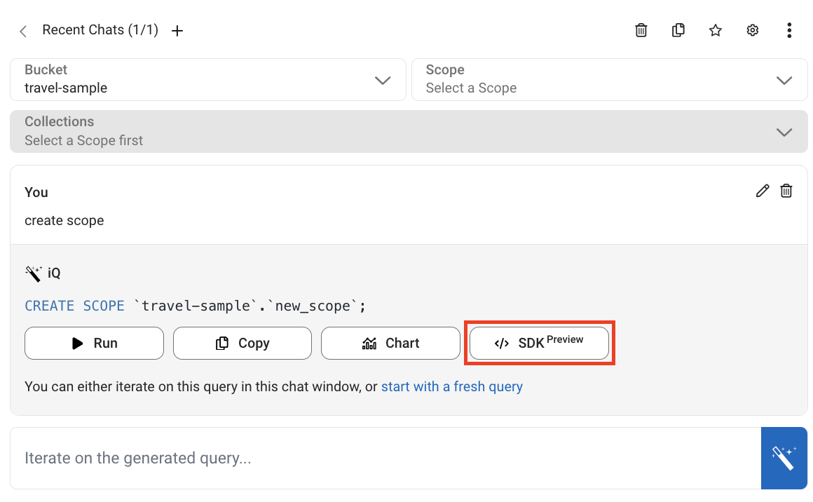 Capella iQ response with the SDK button