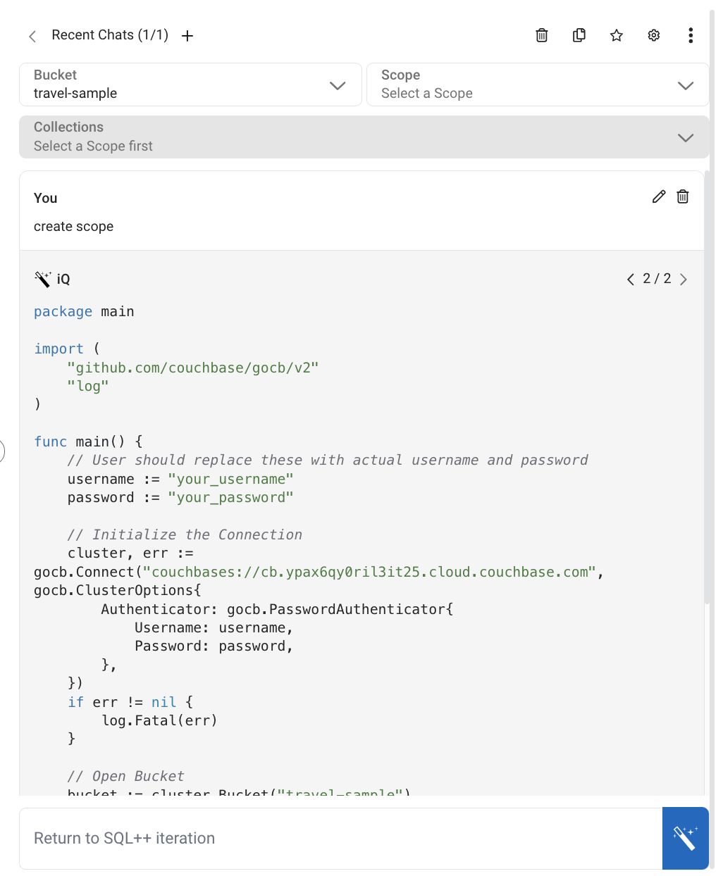 GO SDK code generated from the 'create scope' prompt