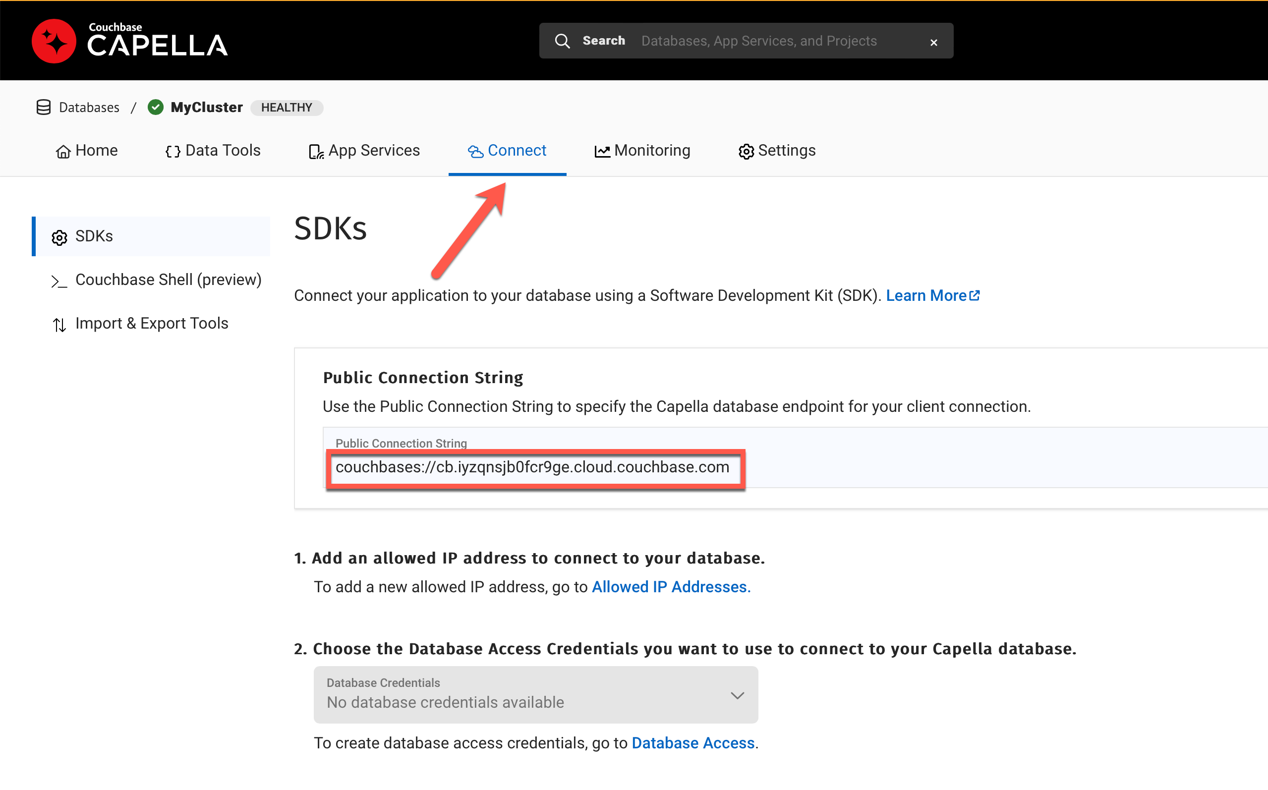 copying connection string