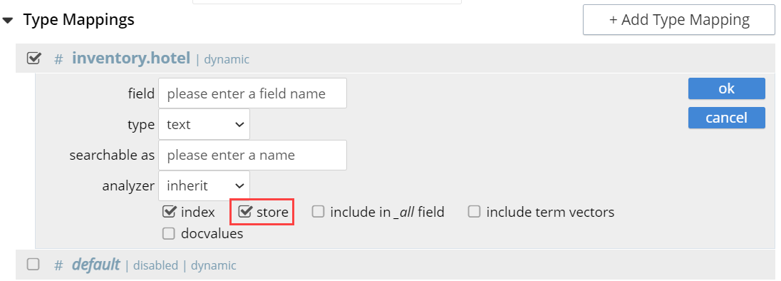 fts type mappings child field store