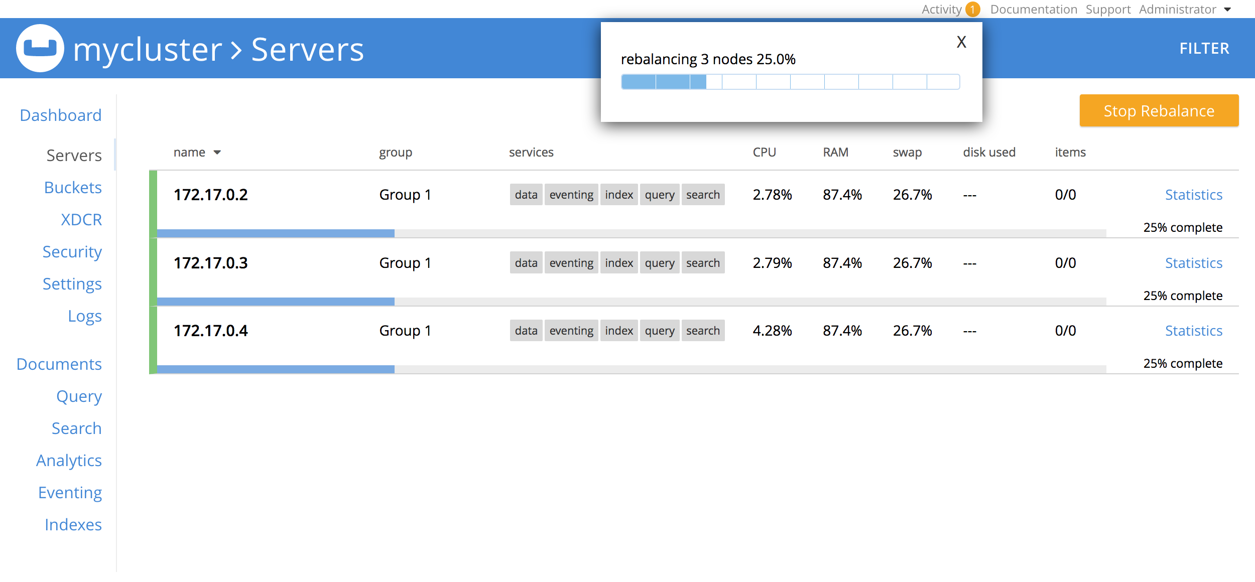 The 'Servers' tab showing three nodes in the process of rebalancing.