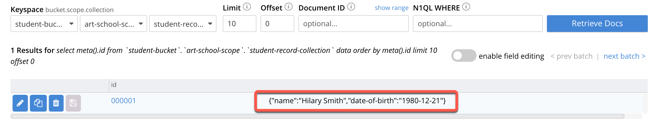 Student record showing in the web console