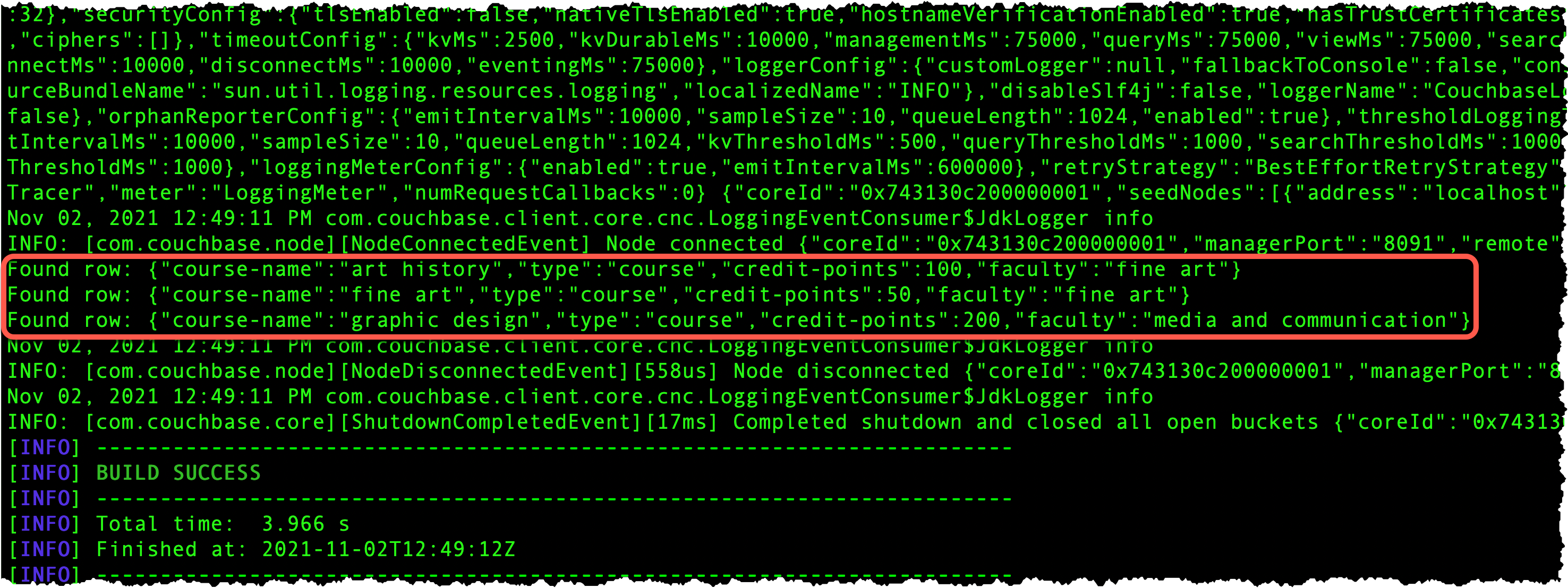 Terminal window showing course records retrieved with the Java SDK