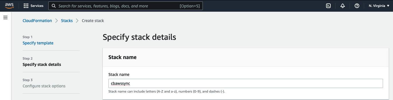 aws marketplace Sync Gateway Specify Stack Details Stack Name