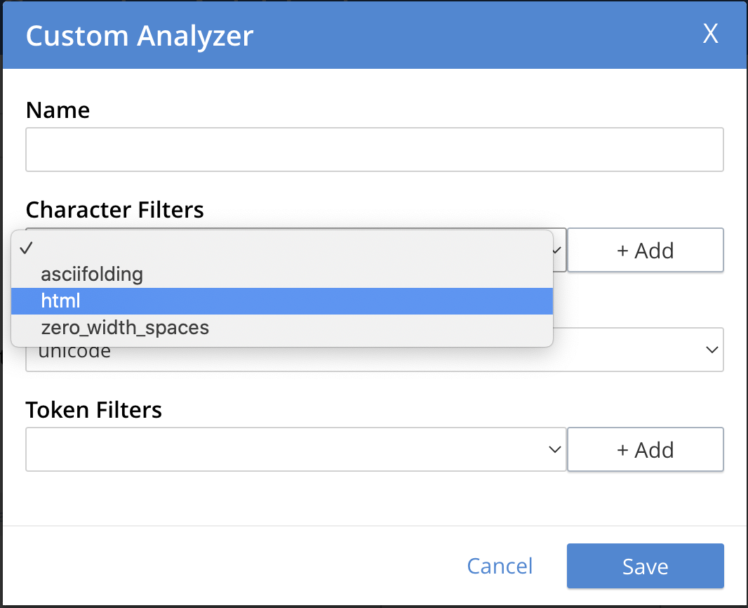 fts analyzers panel select char filter