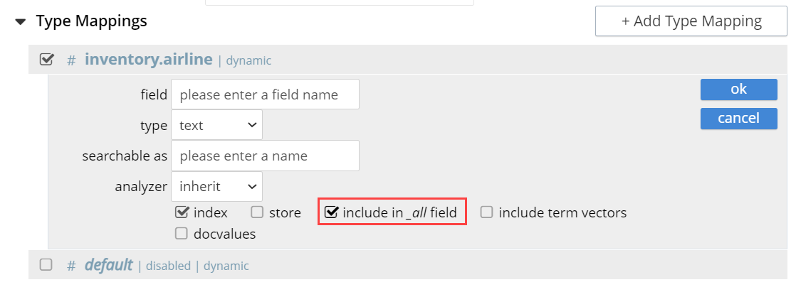 fts type mappings child field include in all