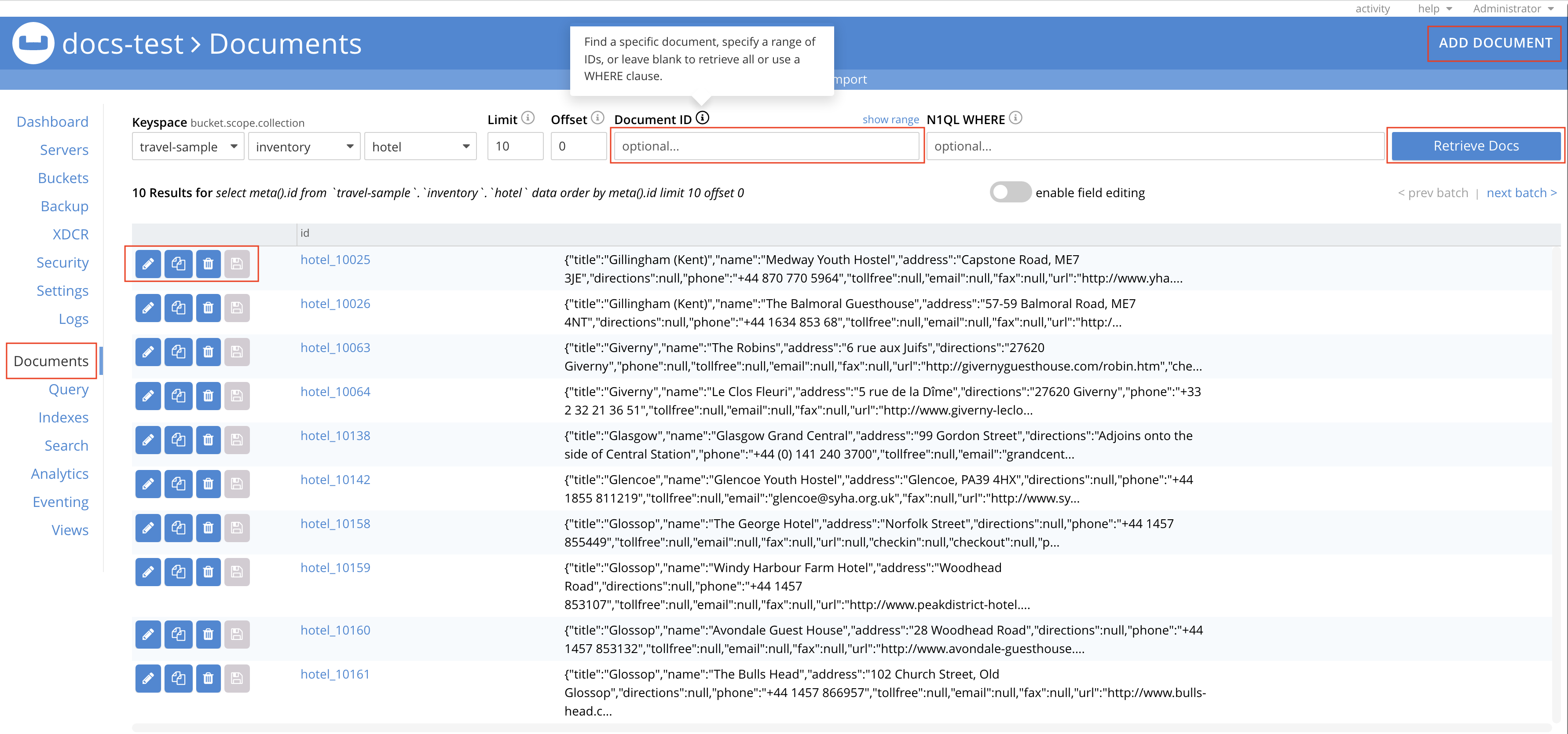 The Documents UI can be used to perform crud operations