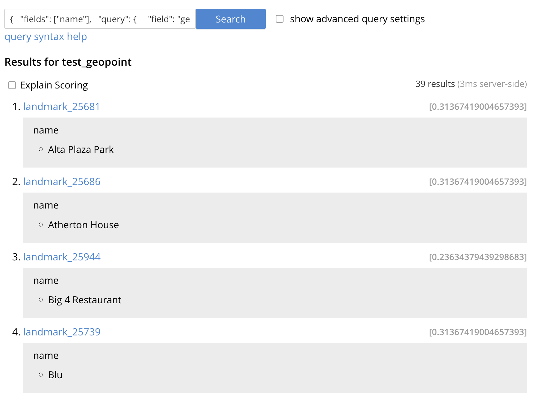 fts geopoint updated index seach stored