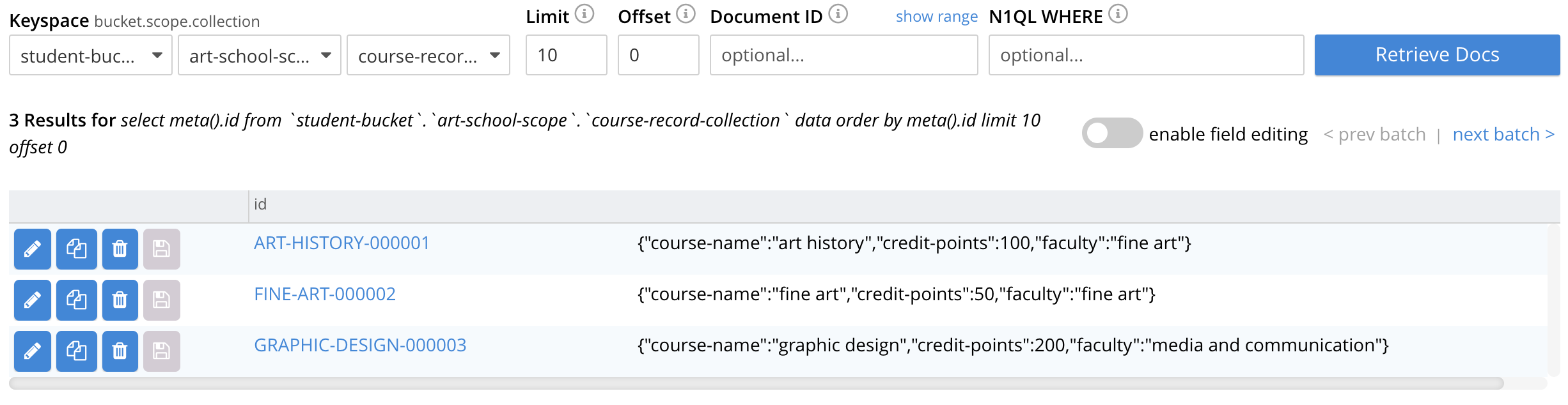 Console showing the courses collection