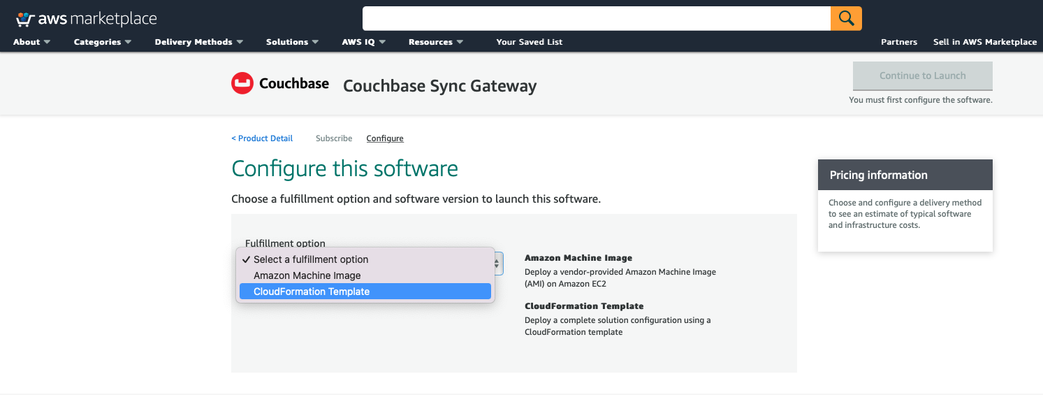 aws marketplace Sync Gateway Select the Fulfilment option