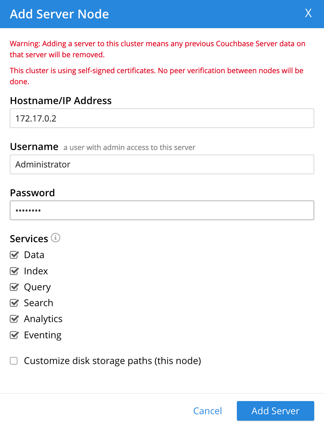The 'Add Server Node' dialog showing an IP address having been entered.