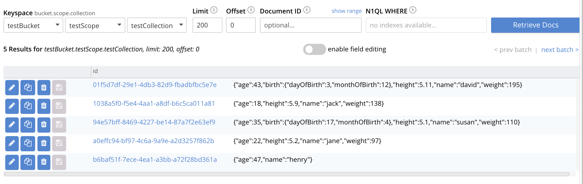 The Document Workbench with imported data in the testCollection