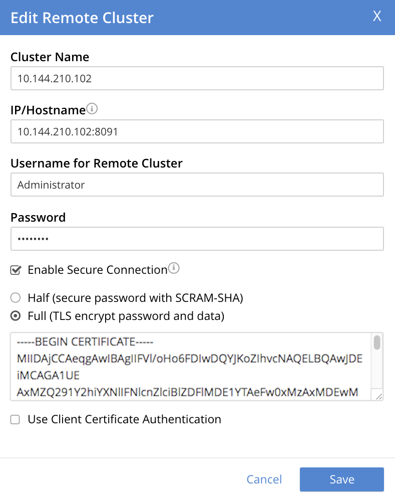 xdcr edit remote cluster dialog expanded with creds