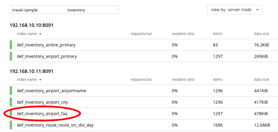 The Indexes tab showing def_inventory_airport_faa on 192.168.10.11