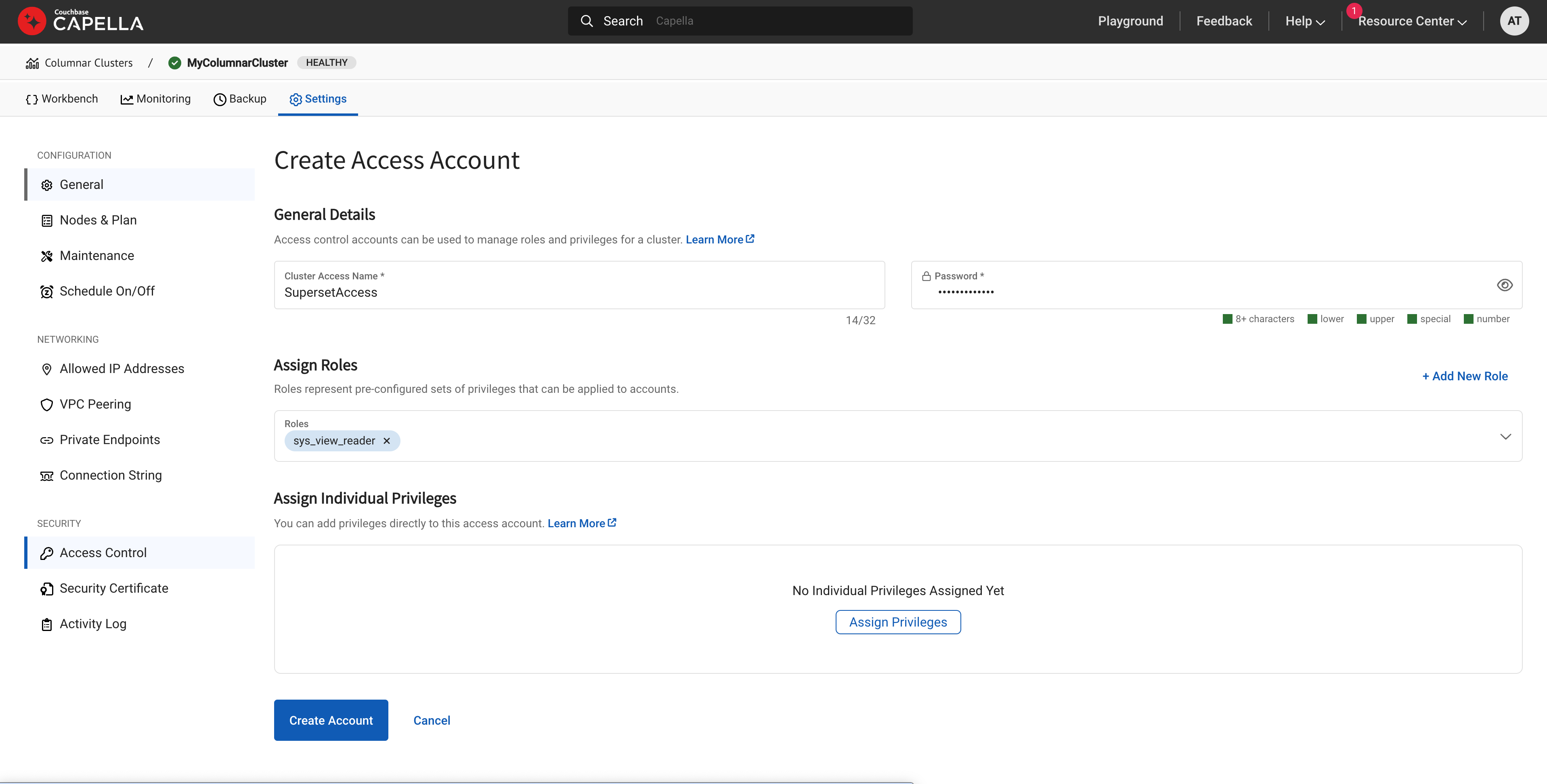 capella columnar user account