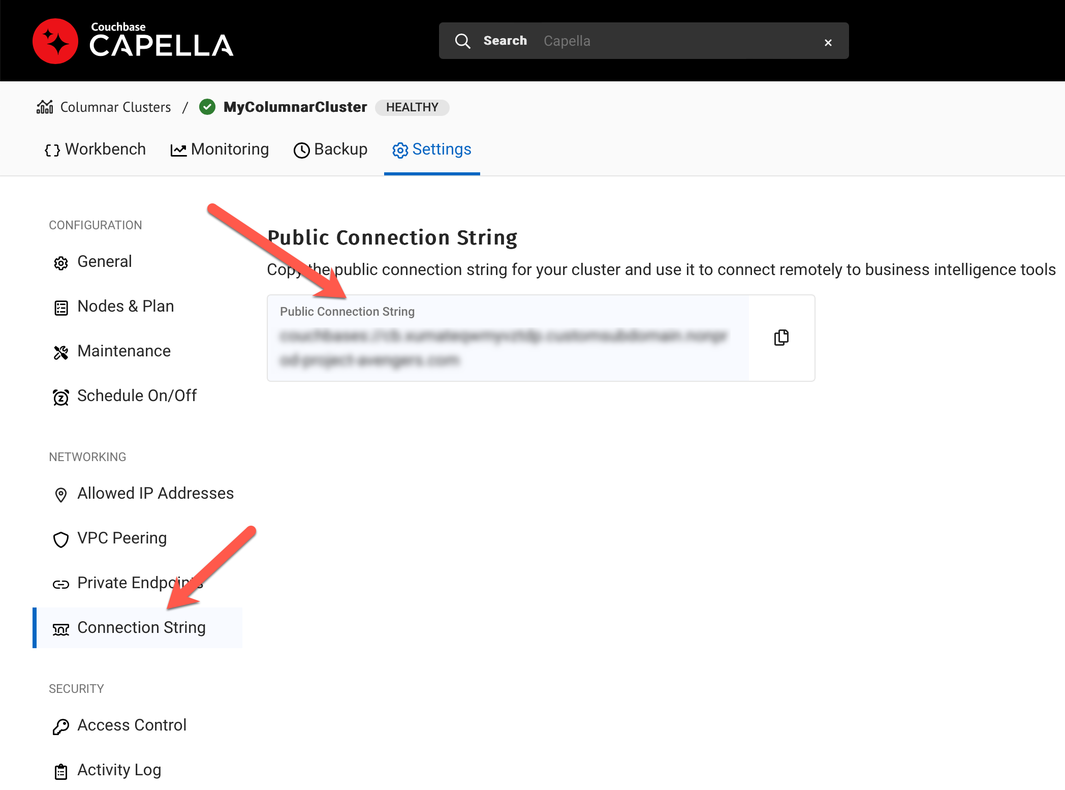 get capella columnar connection string